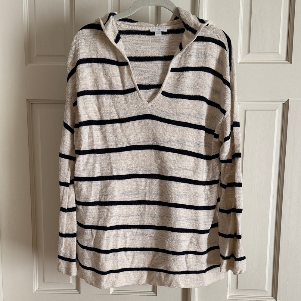 J. Jill Cream and Navy Striped V-Neck Sweater